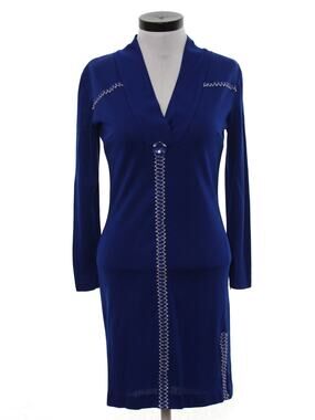 Vintage 1990s Home Sewn Navy Blue Sheath Dress Metallic Trim Small